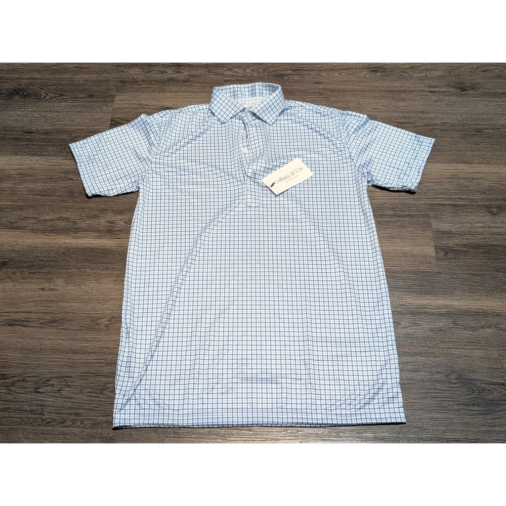 Collars & Co. Men's Small Blue‎ Gingham Polo Shirt Short Sleeve Button Up